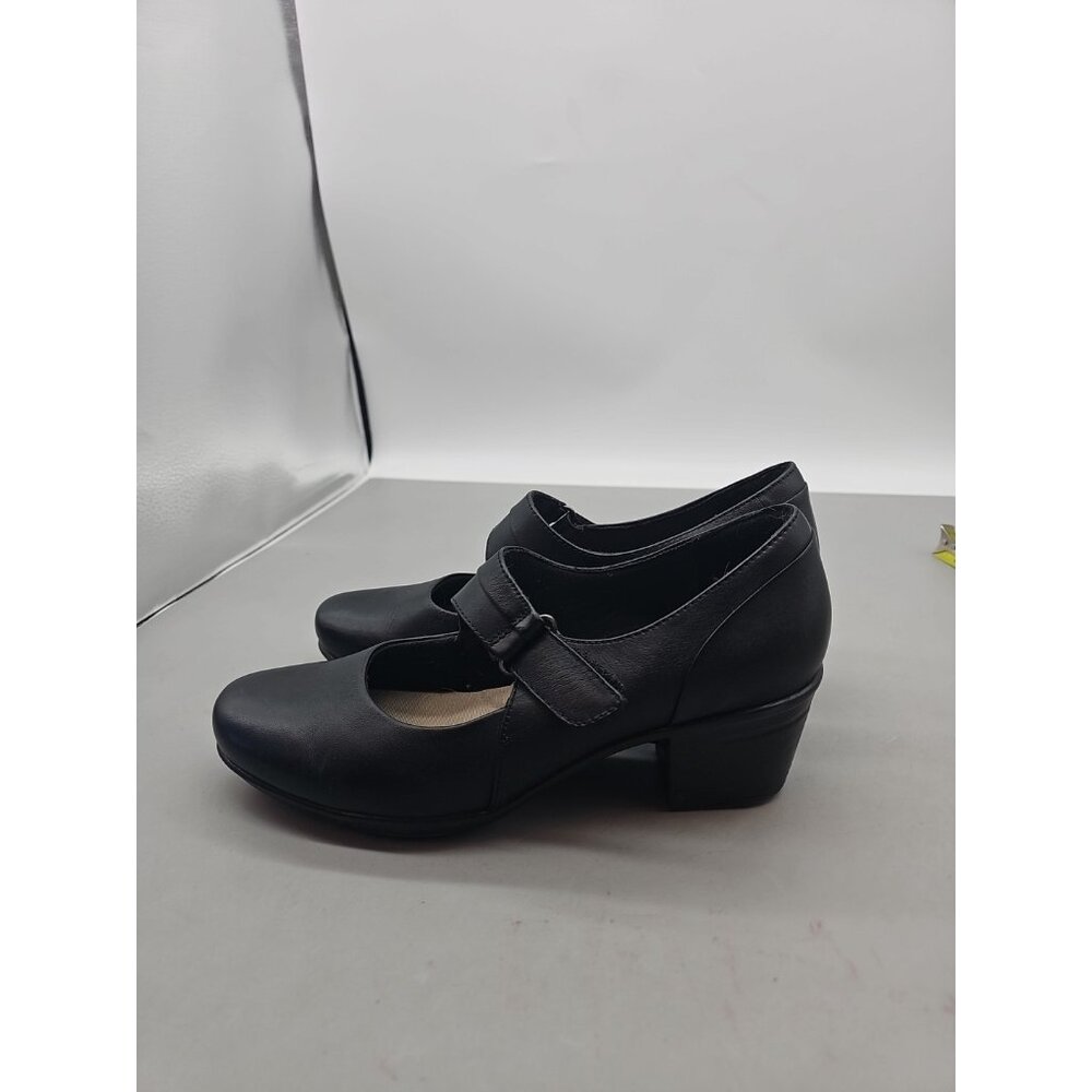 CLARKS Emslie‎ Lulin Leather Ortholite Block Heel Mary Jane Pump Black Womens 10